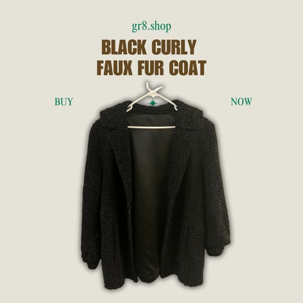 Black Curly Faux Fur Coat With Hood & Satin Lining - Womens Size M - Stylish Out